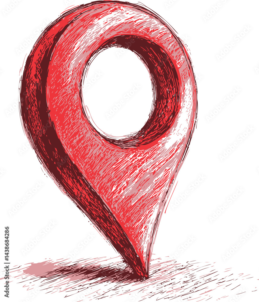 Poster Red hand-drawn map pin with sketch style and detailed textures. Vector illustration