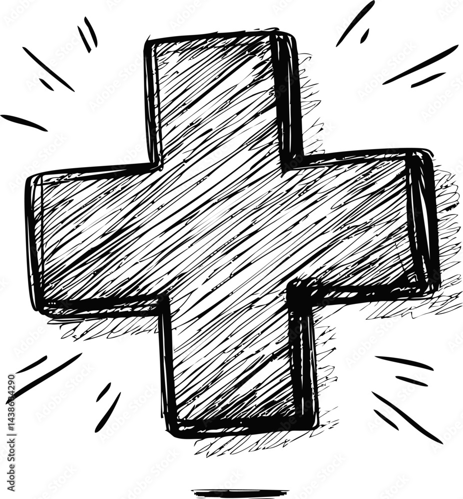 Poster hand-drawn sketch of a bold black cross with dynamic lines and shading. vector illustration