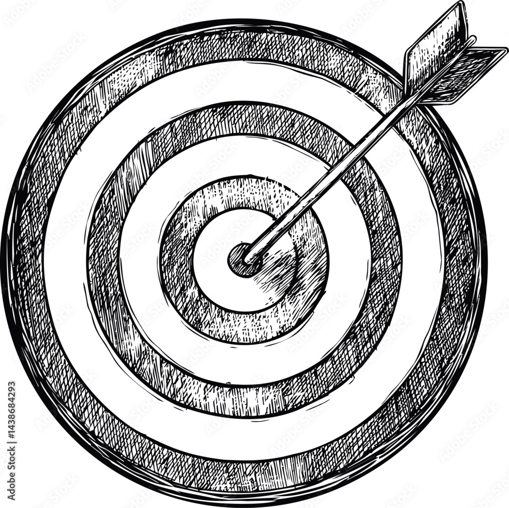 Poster sketch of target with arrow hitting bullseye in monochrome illustration. vector illustration