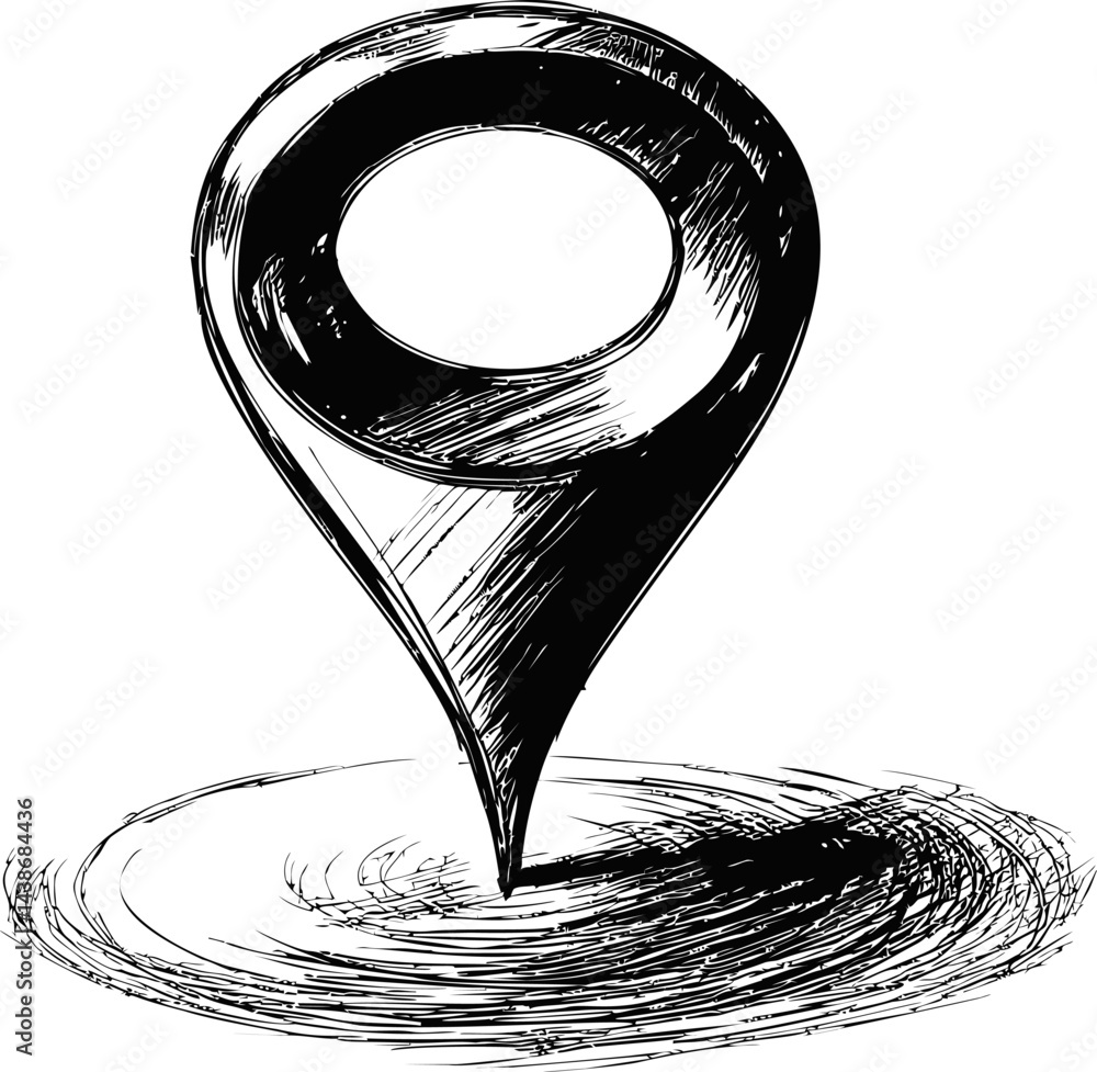 Poster hand-drawn black and white location marker in sketch style symbolizing navigation. vector illustrati