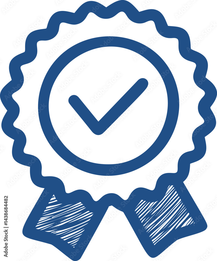 Poster blue check mark badge illustration with ribbon in simple line art. vector illustration