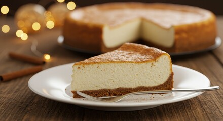 A slice of cheesecake on a white plate with cinnamon sticks and lights in the background view close up