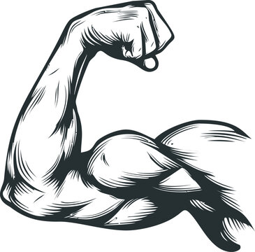 Illustration of a muscular arm flexing in a black and white style graphic art. Vector illustration