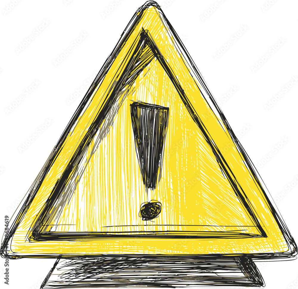 Poster yellow sketch-style warning sign with exclamation mark symbol. vector illustration