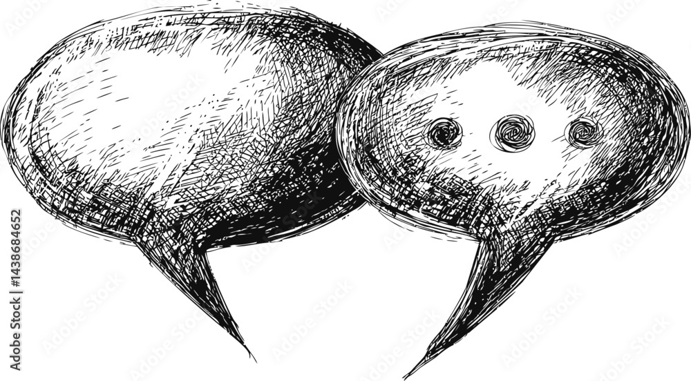 Aufkleber sketched speech bubbles with one containing ellipsis conveying conversation. vector illustration