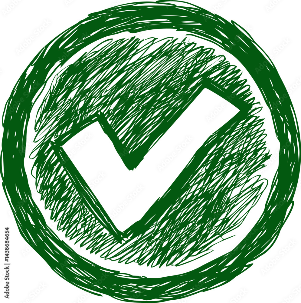 Poster green and white hand-drawn check mark symbol in a circular design. vector illustration