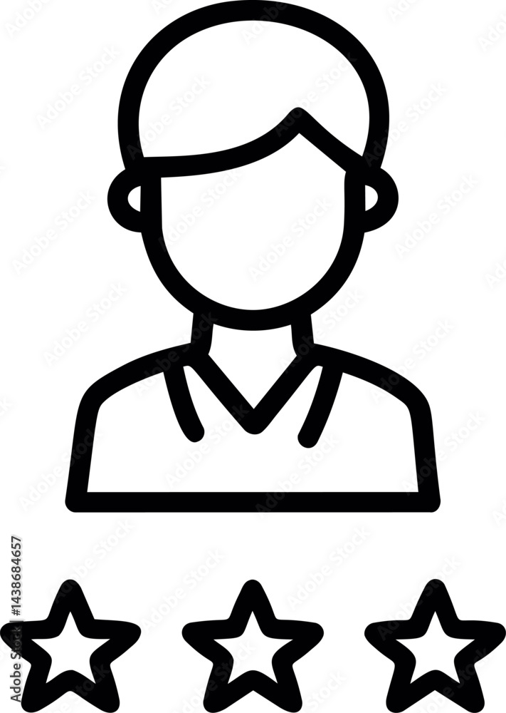 Aufkleber outline of a user icon with three stars below in minimalistic black. vector illustration