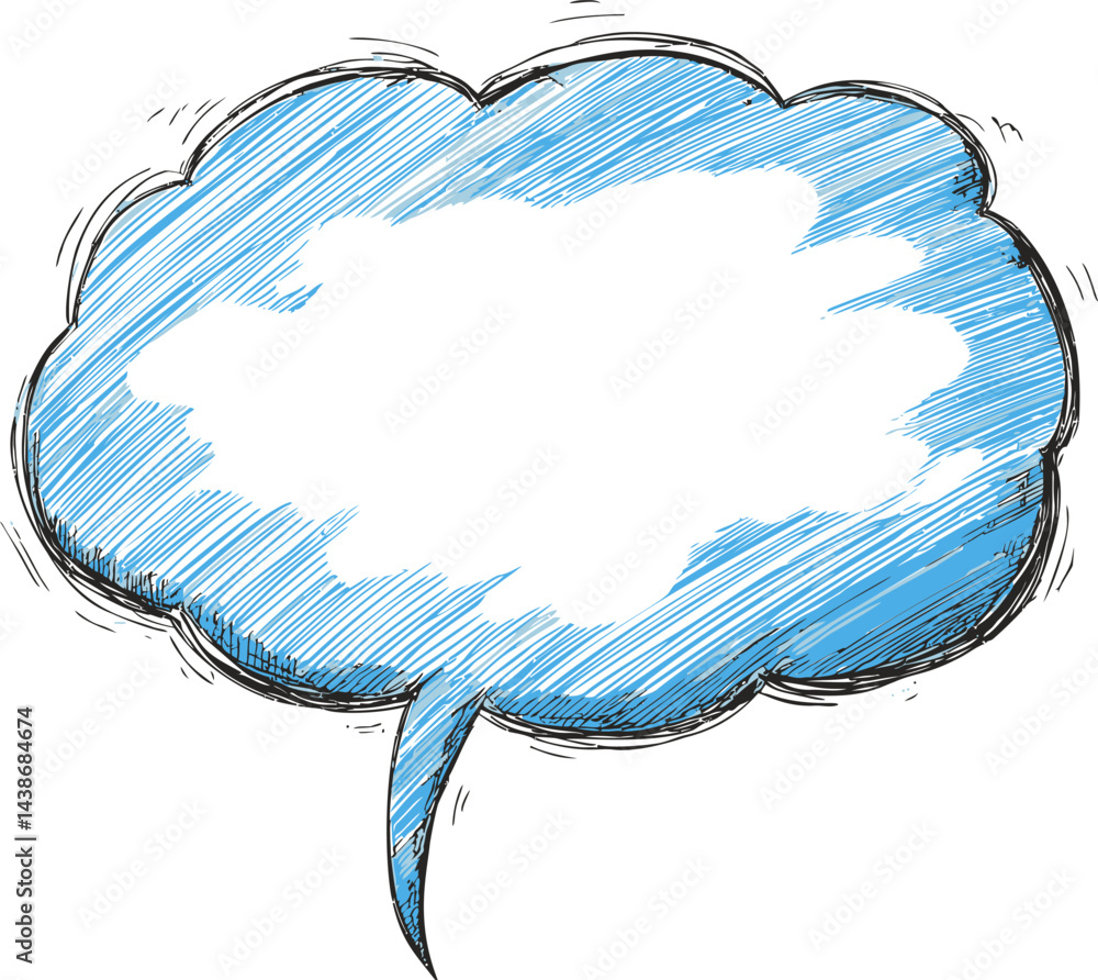 Poster Blue scribbled speech bubble with sketchy outline and empty center. Vector illustration
