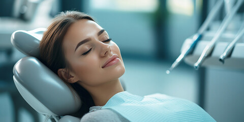 beautiful woman rests in dentist chair with closed eyes. Female patient relaxing during dental exam in medical clinic. She feels calm, serene, tranquil, enjoys clean environment, pleasant treatment