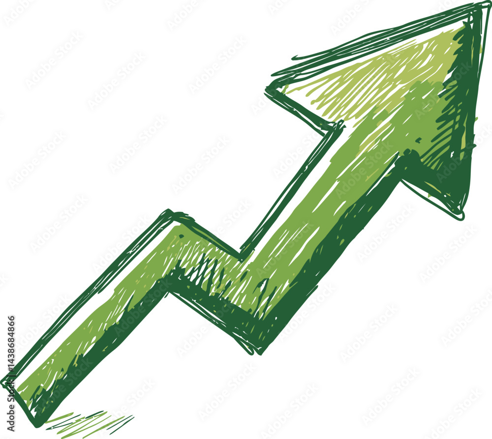 Poster green sketchy upward arrow symbolizing growth and progress in business. vector illustration