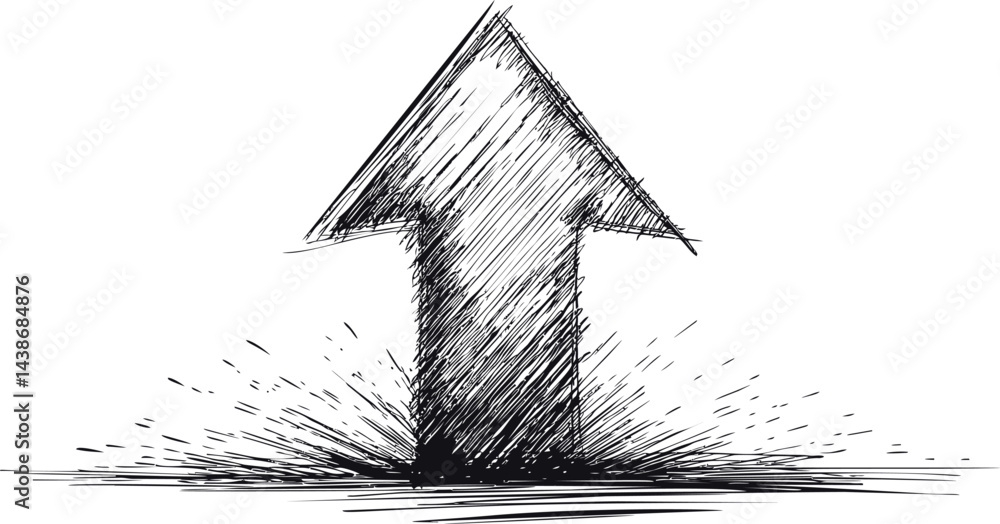 Aufkleber sketch of dynamic upward arrow breaking through ground, black and white illustration. vector illustr
