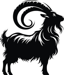 Majestic Goat Silhouette with Curved Horns – Bold Black and White Illustration