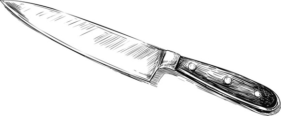 Illustration of a classic chef's knife with detailed handle and blade sketch. Vector illustration