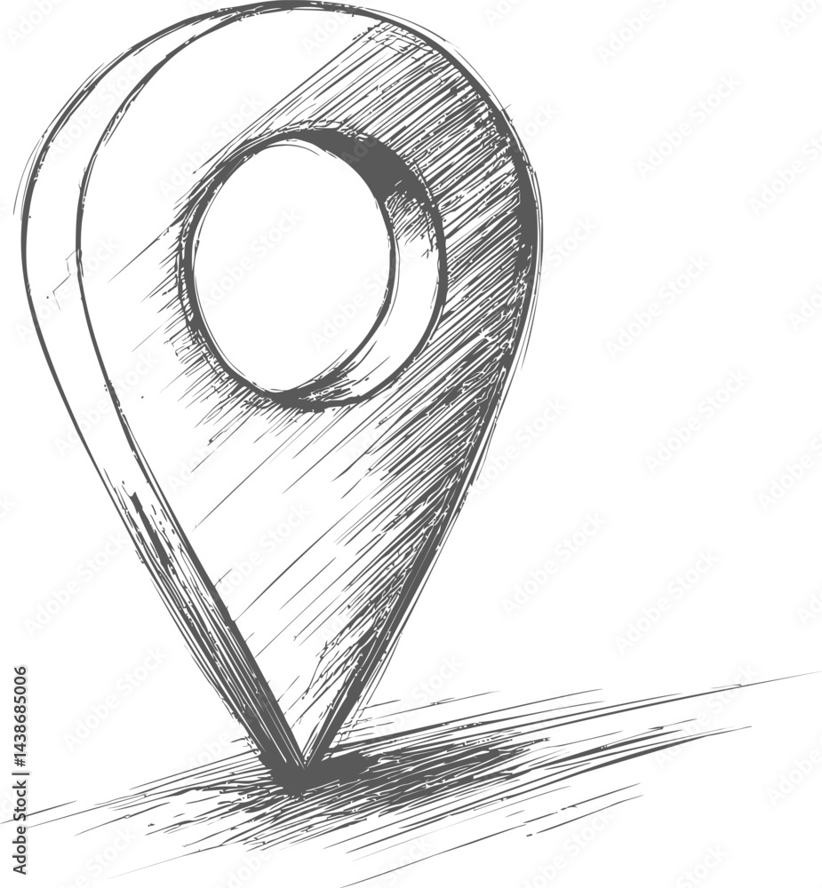 Poster Sketch of a 3d location pin in black and white with rough pencil shading. Vector illustration