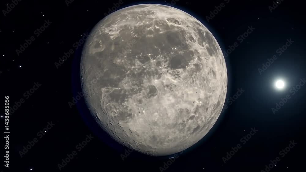 Poster large planet with a grey surface. the planet is in the middle of the image. there are many stars in 