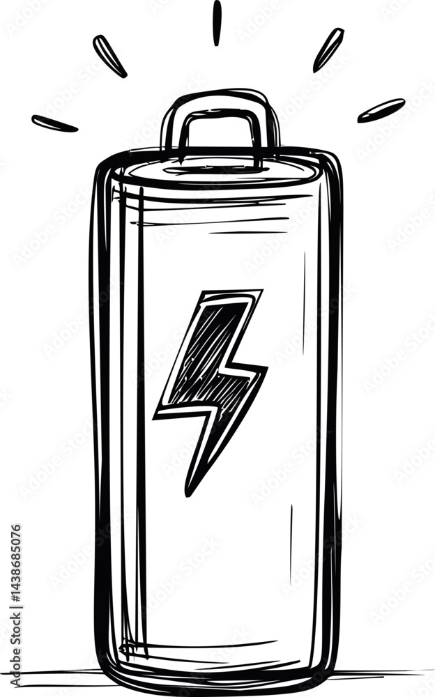 Aufkleber sketch of a battery with lightning bolt symbol indicating energy and power. vector illustration