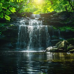 A pristine waterfall cascading down into a clear pond, with sunlight filtering through vibrant green foliage.