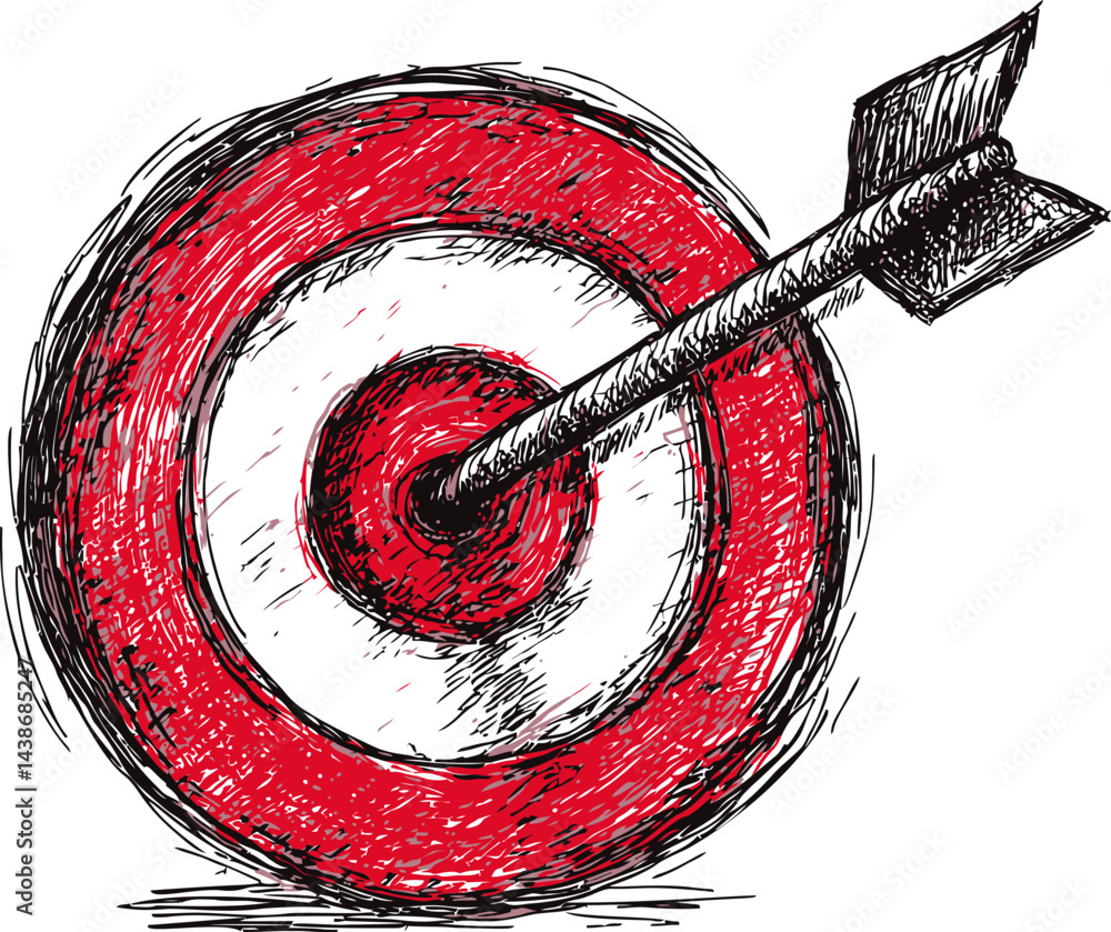 Poster black and white sketch of a red target with arrow hitting the center, precision aim. vector illustra