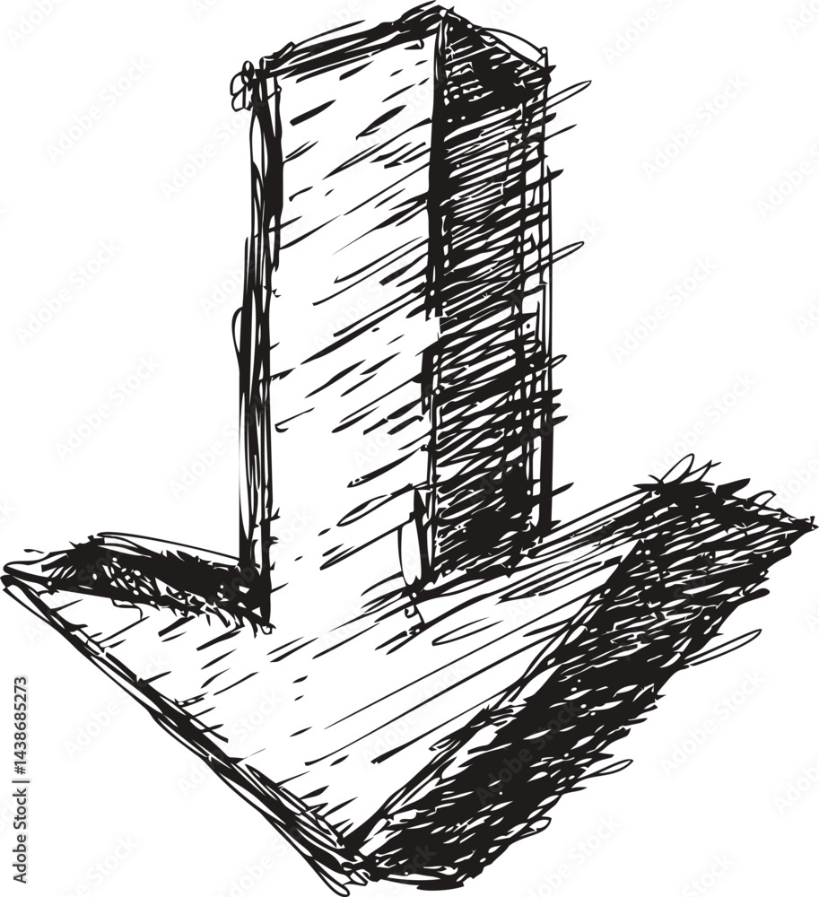 Poster Sketch of a large downward arrow with textured shading. Vector illustration