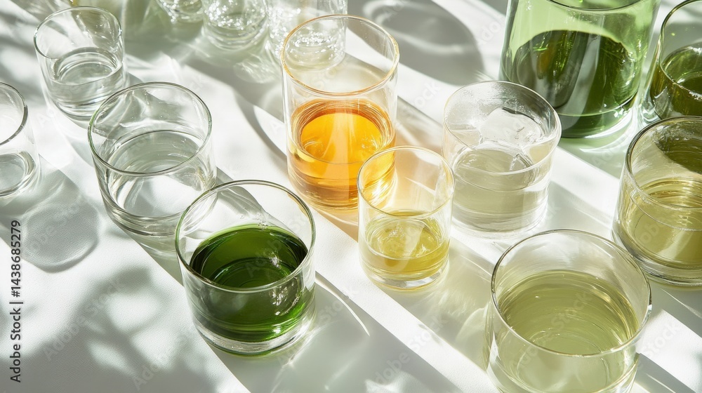 Poster various glass cups filled with colorful liquids arranged on a white surface, with shadows creating p