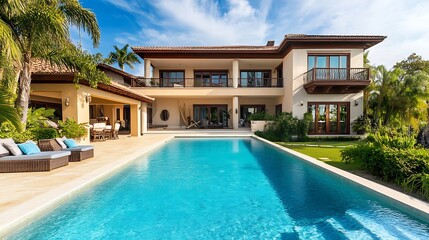 Fototapeta premium Elegant villa with infinity pool and lush tropical garden in front picture