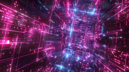 Obraz premium Abstract electric flow with neon light effect in server. Modern Technology age to host domain with particle of data flowing represent database storage. Supercomputer in digital fantasy theme. AIG53.
