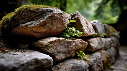Obraz premium Mossy stone wall sprouting verdant life