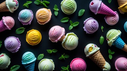 Kolorowe lody w rożkach na czarnym tle z liśćmi mięty