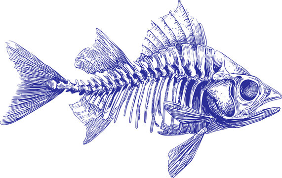 Blue line drawing of detailed fish skeleton with intricate fin detail. Vector illustration