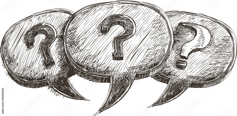Poster three sketched speech bubbles with question marks in black and white illustration. vector illustrati