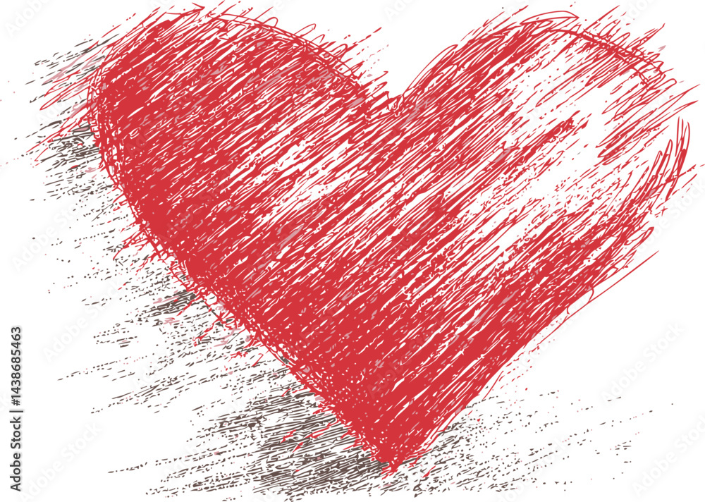 Poster red sketch heart drawing with chaotic lines. vector illustration