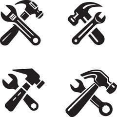 Vector Illustration of Crossed Wrench and Hammer Icons - Black and White Silhouette Clipart