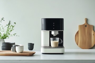 Minimalist Coffee Maker On White Countertop With Mug And Kitchen Accessories