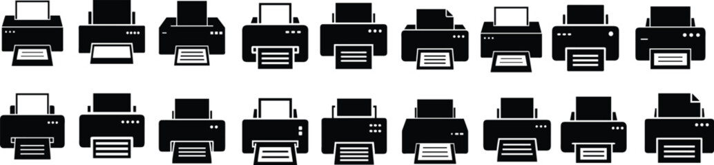 Office printer icon set in black and white, showing a sheet of paper &ndash; flat design.