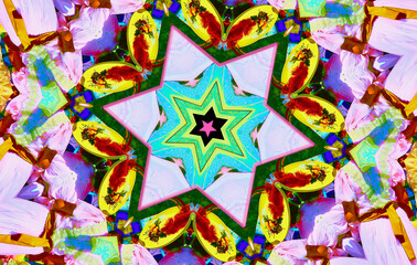 Fototapeta premium Decoración artística mágica de colores con estrellas, flores y plumas fantásticas