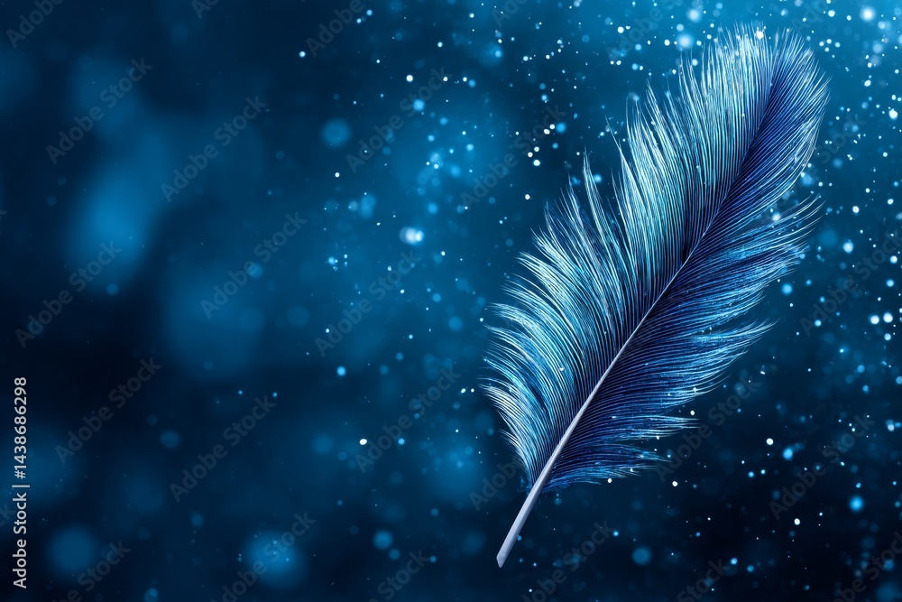Poster blue feather floating in space - single blue feather floats in a dark blue background with sparkling