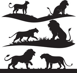 Majestic Lion Silhouettes in Natural Settings on White Background

