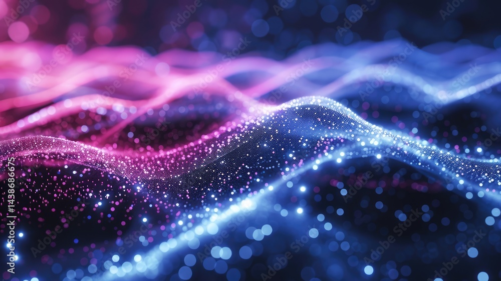 Poster abstract picture of neon light particle with digital technology style design connecting become dynam