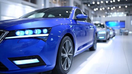 Obraz premium Blue Sedan Showroom Illumination - Luxury car, sleek design, bright lights, modern showroom, automotive excellence. Symbolizing: elegance, innovation, technology, prestige, success