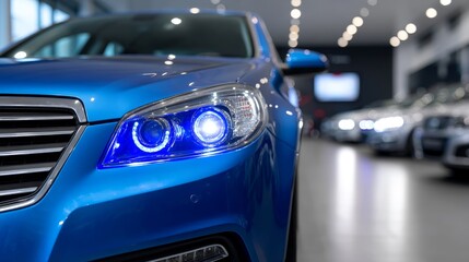 Fototapeta premium Blue Sedan Headlights Showroom - Close-up of a blue sedan's headlights in a showroom, showcasing sleek design and modern technology