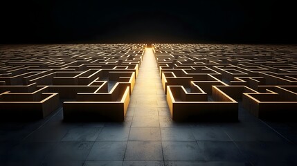 A visually striking 3D maze with a bright glowing path cutting through a field of golden geometric structures emphasizing the beauty of creative innovation and the journey towards finding solutions