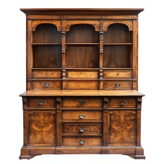 An antique hutch cabinet with dark wood and intricate detailing sits against a white background, showcasing its craftsmanship and classic design for display.
