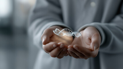 Hand Holding Glowing DNA Strand Hologram in Laboratory Setting