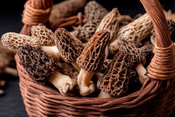 Obraz premium A woven basket filled with freshly foraged morel mushrooms showcases varying sizes and colors. These unique fungi are perfect for enhancing gourmet dishes and are popular among chefs