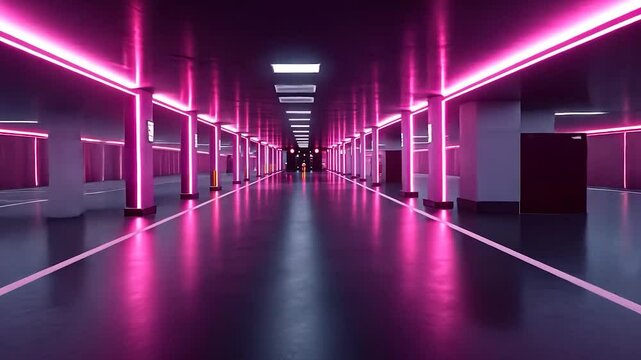 Pink neon parking garage corridor