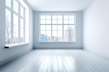 Bright Empty Room with Large Windows - Spacious, bright room with large windows offering a city view. Perfect for real estate, interior design, or home staging