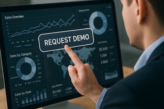 A business professional touches the “Request Demo” prompt on a high-resolution analytics dashboard. Concept of interactive data exploration and client engagement.