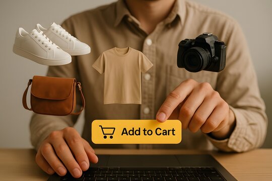 A casual shopper hovers over floating product icons and clicks &ldquo;Add to Cart&rdquo; on a laptop screen. Concept of seamless ecommerce experience and digital retail convenience.