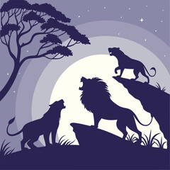 Majestic Lion Silhouettes in Natural Settings on White Background
