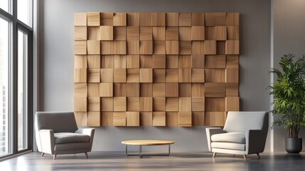 Modern office waiting area with wooden wall, chairs
